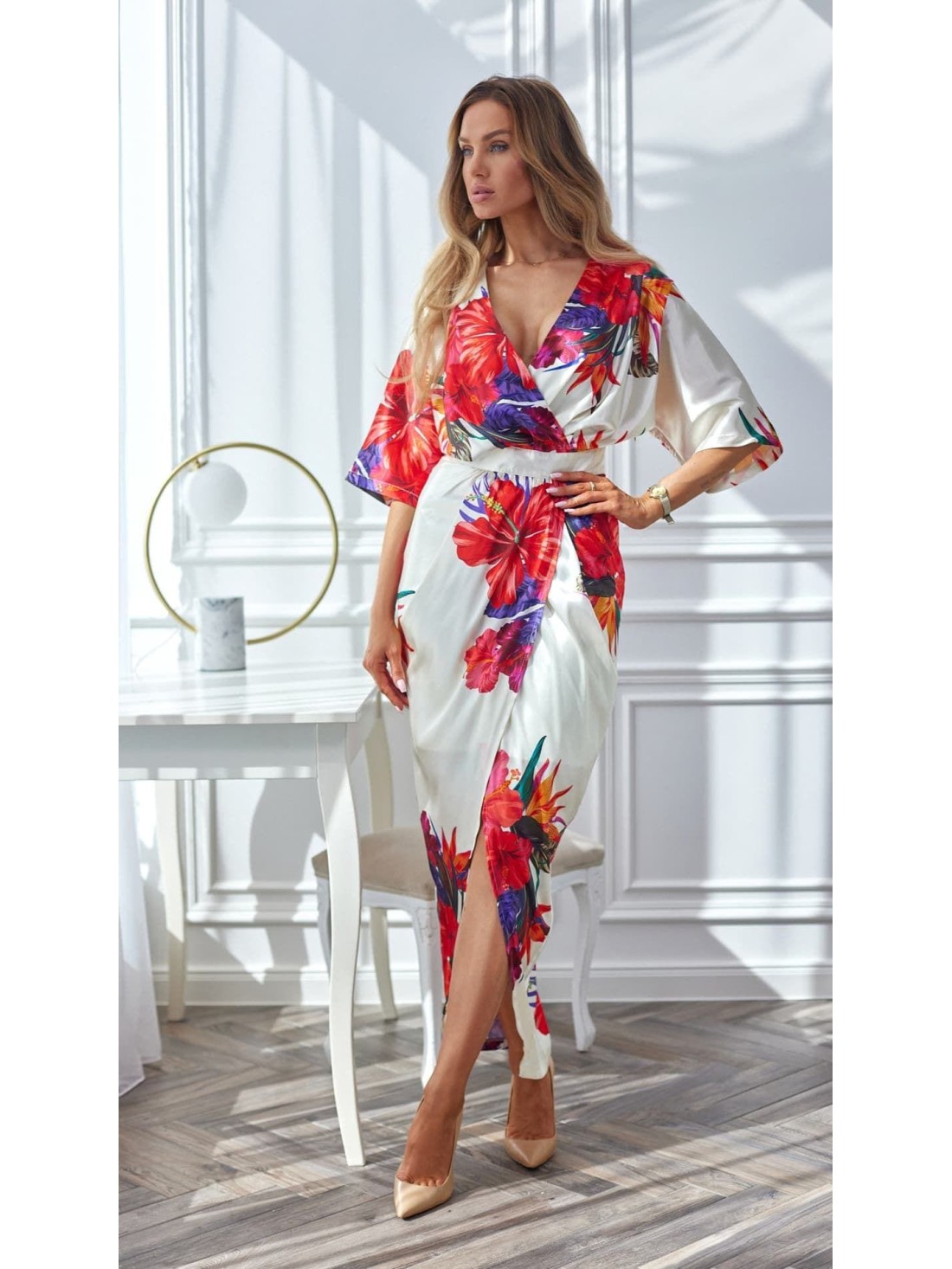 Satin tulip dress with flowers, cream and red 32750 - Online store - Boutique